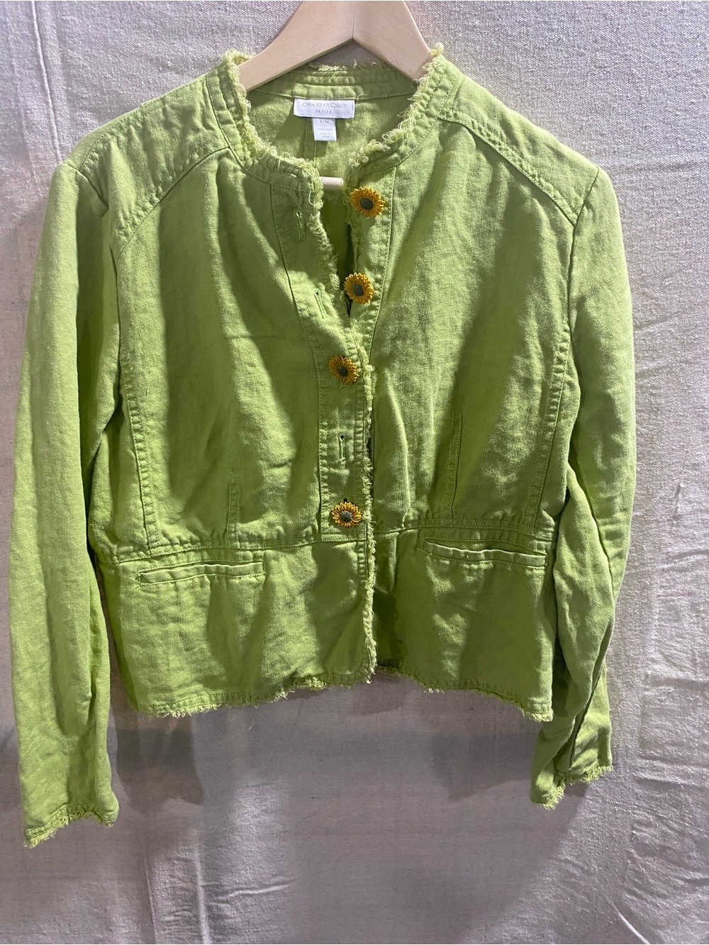 Charter Club Lime Green Frayed-Trim Button Jacket